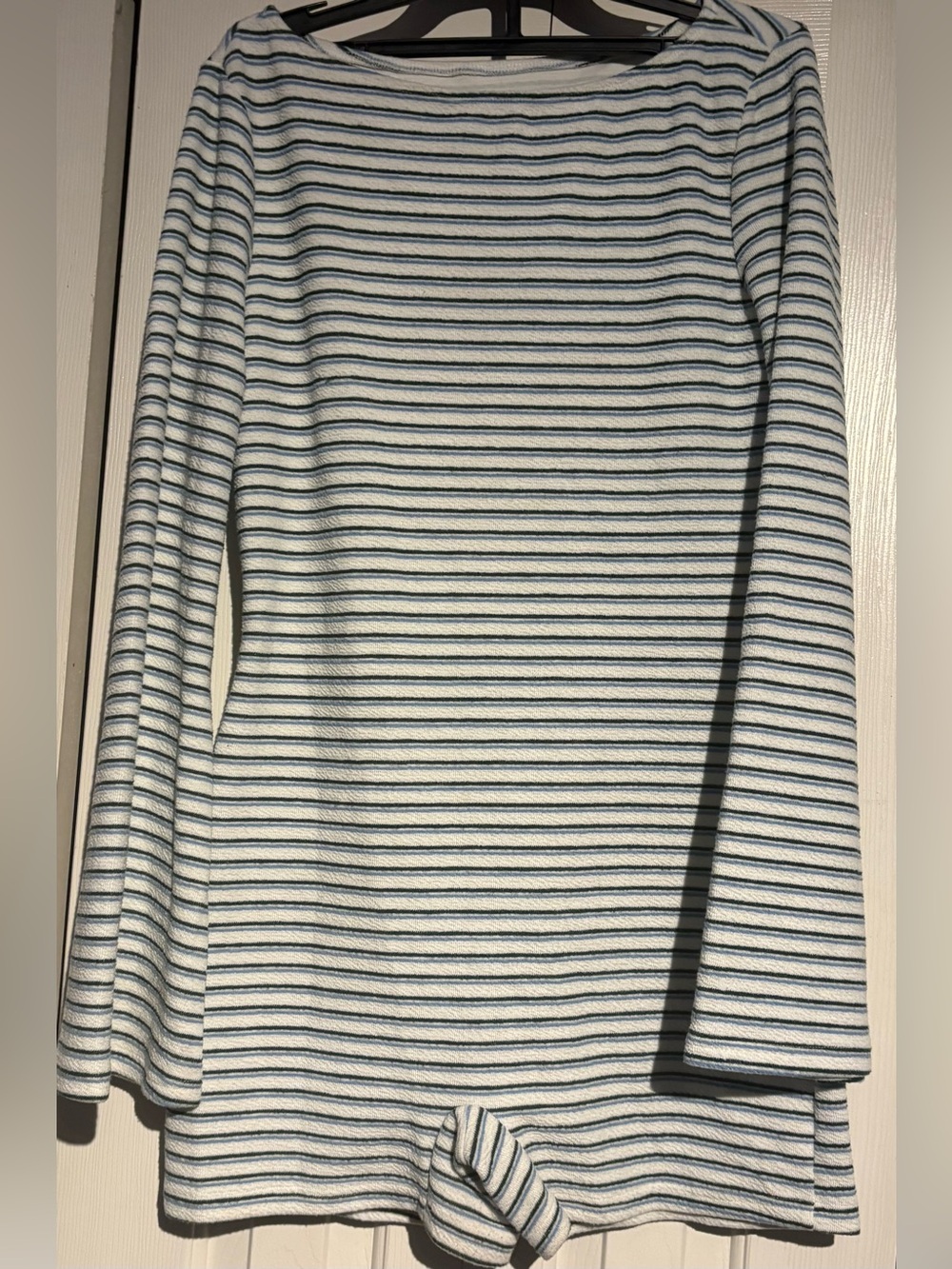 Striped Long-Sleeve Romper in White and Blue